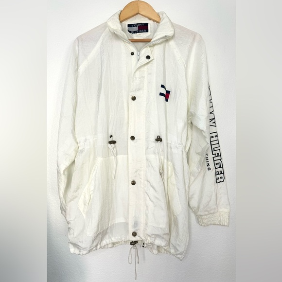 Rare Vintage Tommy Hilfiger White Windbreaker Jacket Anorak hood Size Large - Picture 1 of 11